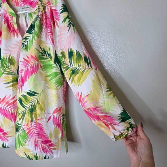 Draper's & Damon's White & Bright Multi Colored Tropical Print Silky Blouse Lrg - Picture 4 of 11